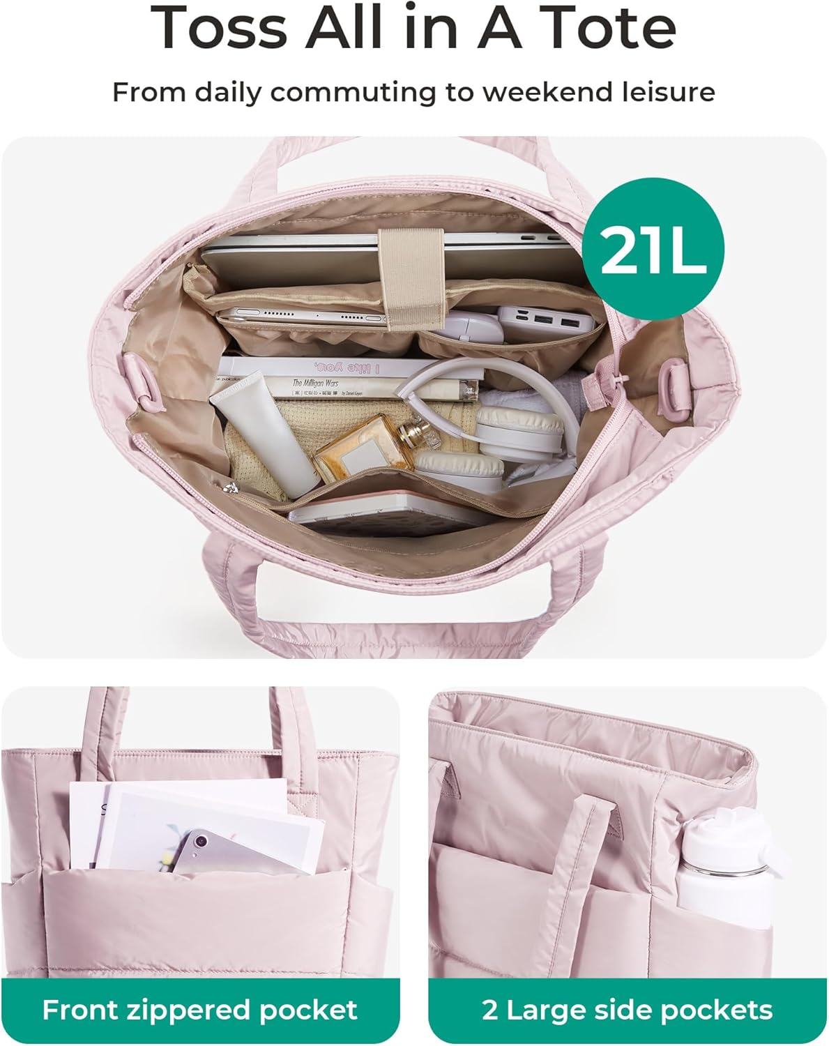 Women's Quilted Tote Bag Lightweight Puffy Shoulder Bag with Compartments