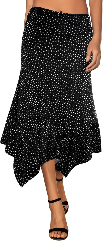 Women's Flowy Handkerchief Hemline Midi Skirt - Elastic Waist Asymmetrical Hem Black Polka Dots