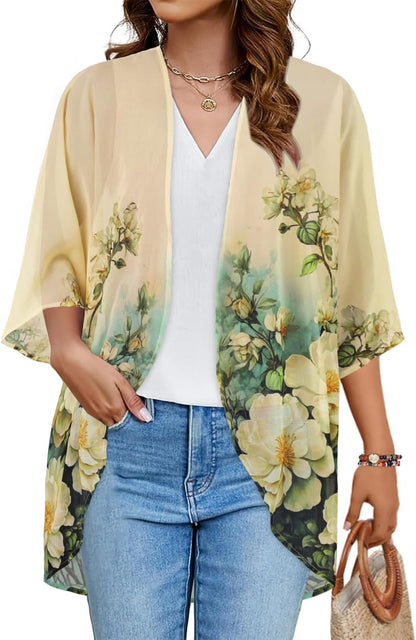 Floral Print Kimono Cardigan Women Puff Sleeve Cover Up Casual Blouse Loose Top Beige White Floral