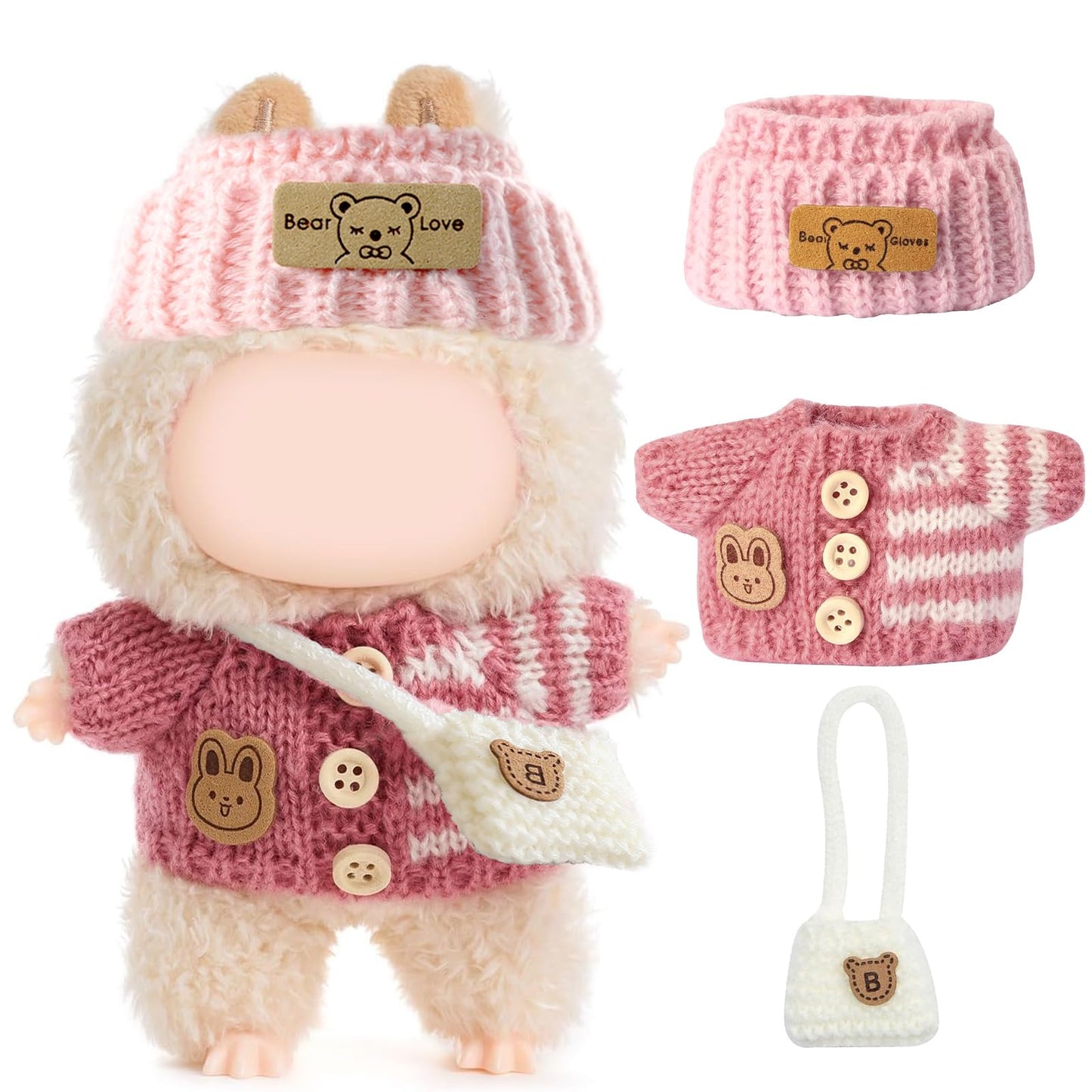 3 Piece Handmade Crochet Outfit for 17cm Dolls - Heart Sweater Hat & Bag Set Bunny - Pink
