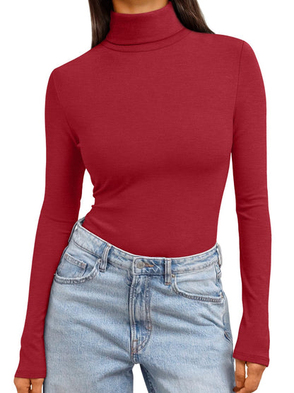 Women's Turtleneck Long Sleeve Shirts - Basic Thermal Underwear Tops Red