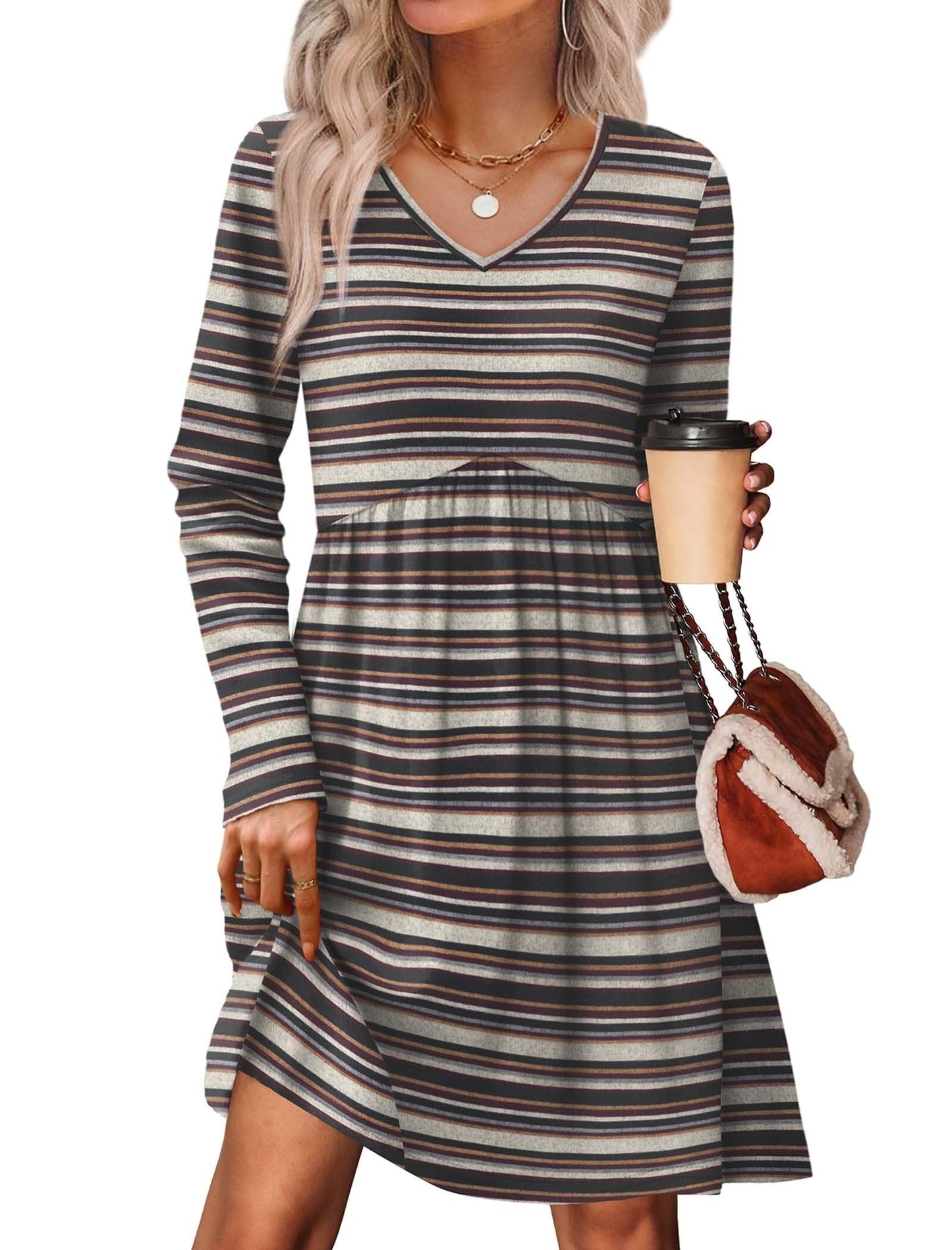 Women's Long Sleeve Sweater Dress - V Neck Empire Waist Babydoll Dress with Pockets