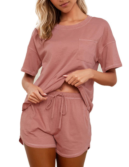Women's Cotton Pajama Set - Short Sleeve Top and Shorts Sleepwear Lounge Set Dark Pink