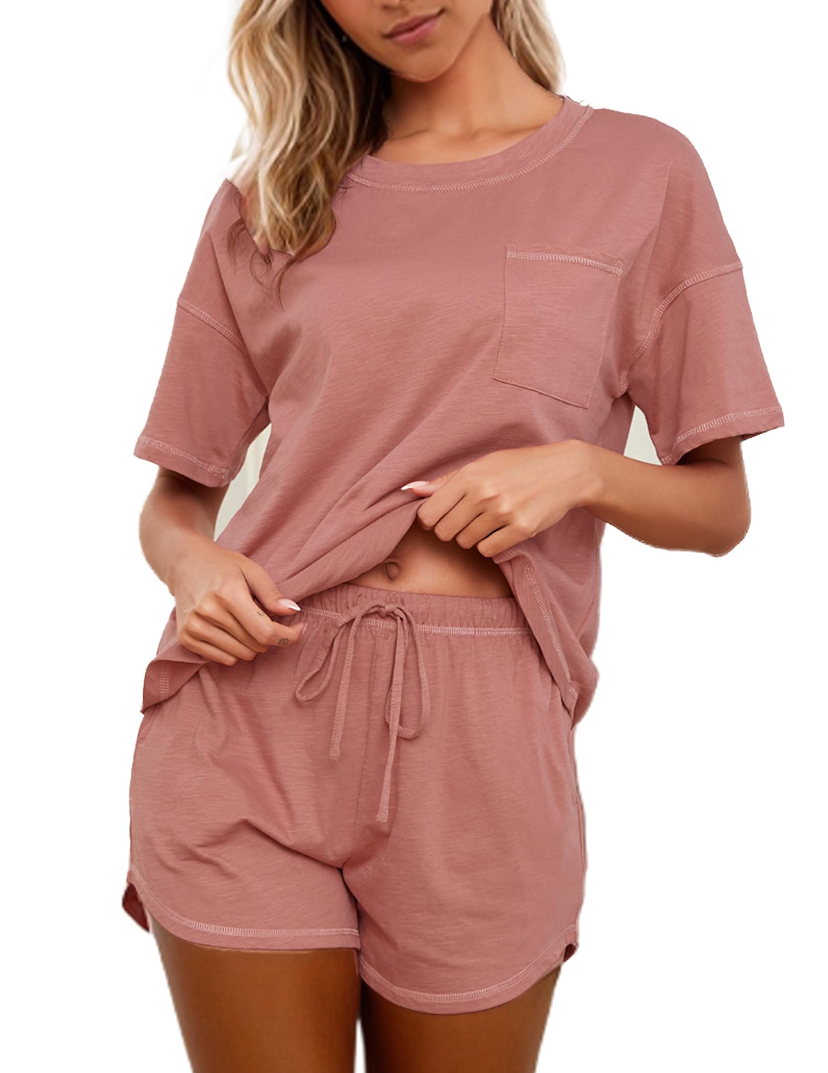 Women's Cotton Pajama Set - Short Sleeve Top and Shorts Sleepwear Lounge Set