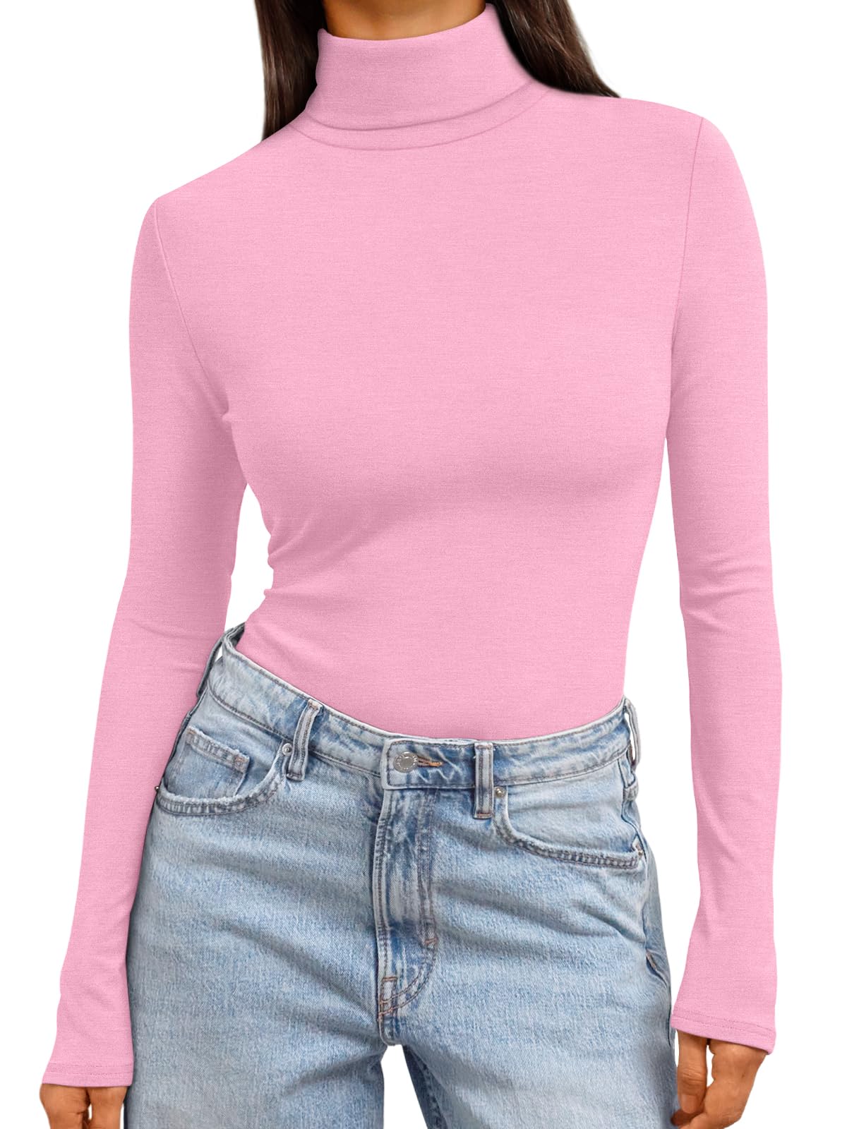 Women's Turtleneck Long Sleeve Shirts - Basic Thermal Underwear Tops Pink