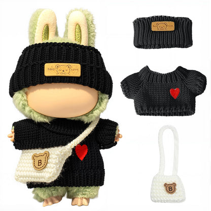 3 Piece Handmade Crochet Outfit for 17cm Dolls - Heart Sweater Hat & Bag Set Heart - Black