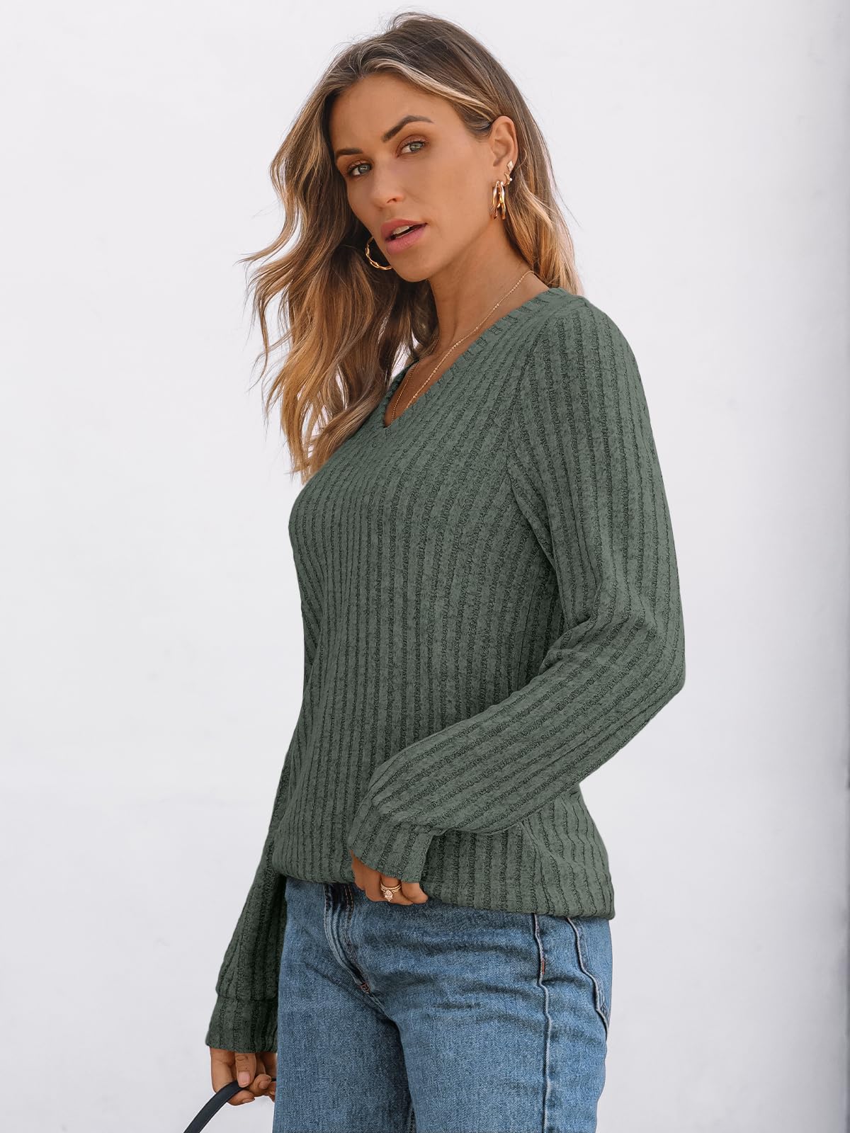 V Neck Long Sleeve Sweater for Women - Loose Fit Tunic Top for Fall & Winter