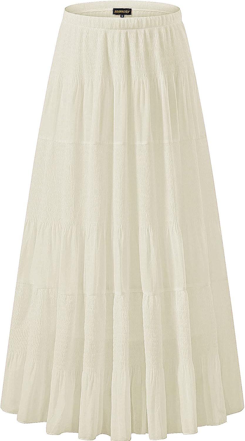 Chiffon Maxi Skirt for Women - High Waist Pleated A-Line Flared Long Skirt Perfectly Pale