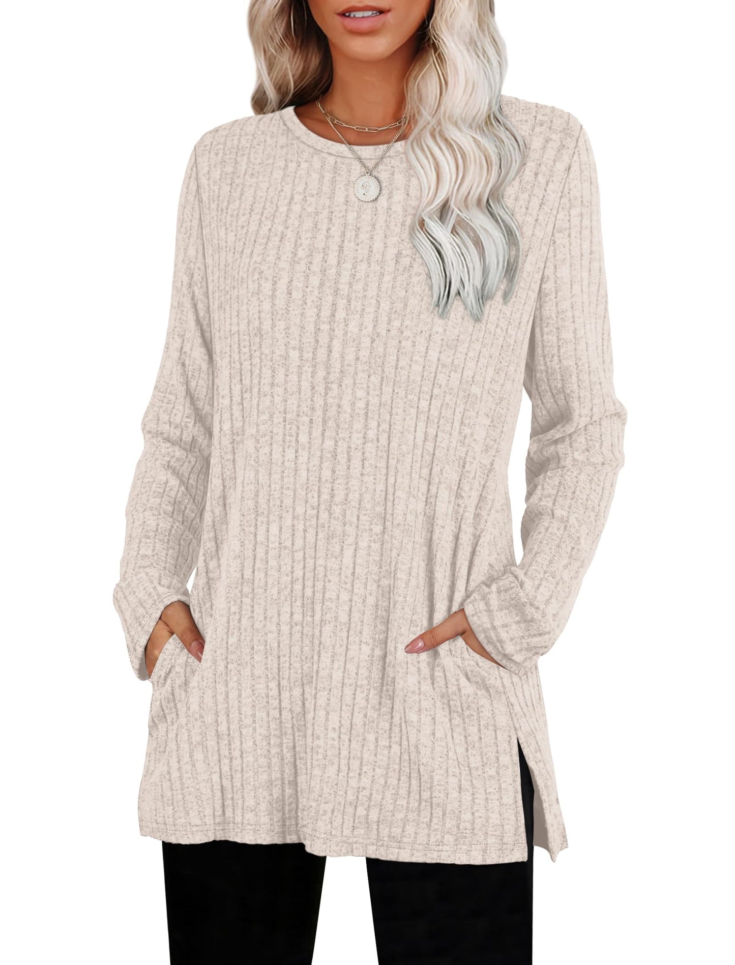 Women's Crewneck Sweater with Pockets - Long Sleeve Tunic Top with Side Slits Apricot