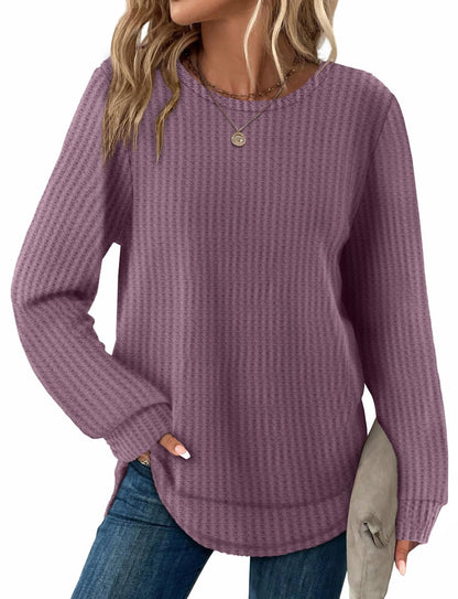 Women's Tunic Tops - Loose Fit Waffle Knit Long Sleeve Crewneck Sweaters Lotus Purple