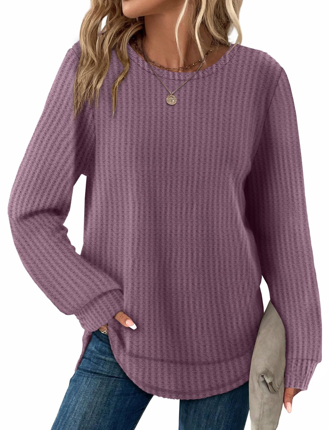 Women's Tunic Tops - Loose Fit Waffle Knit Long Sleeve Crewneck Sweaters Lotus Purple
