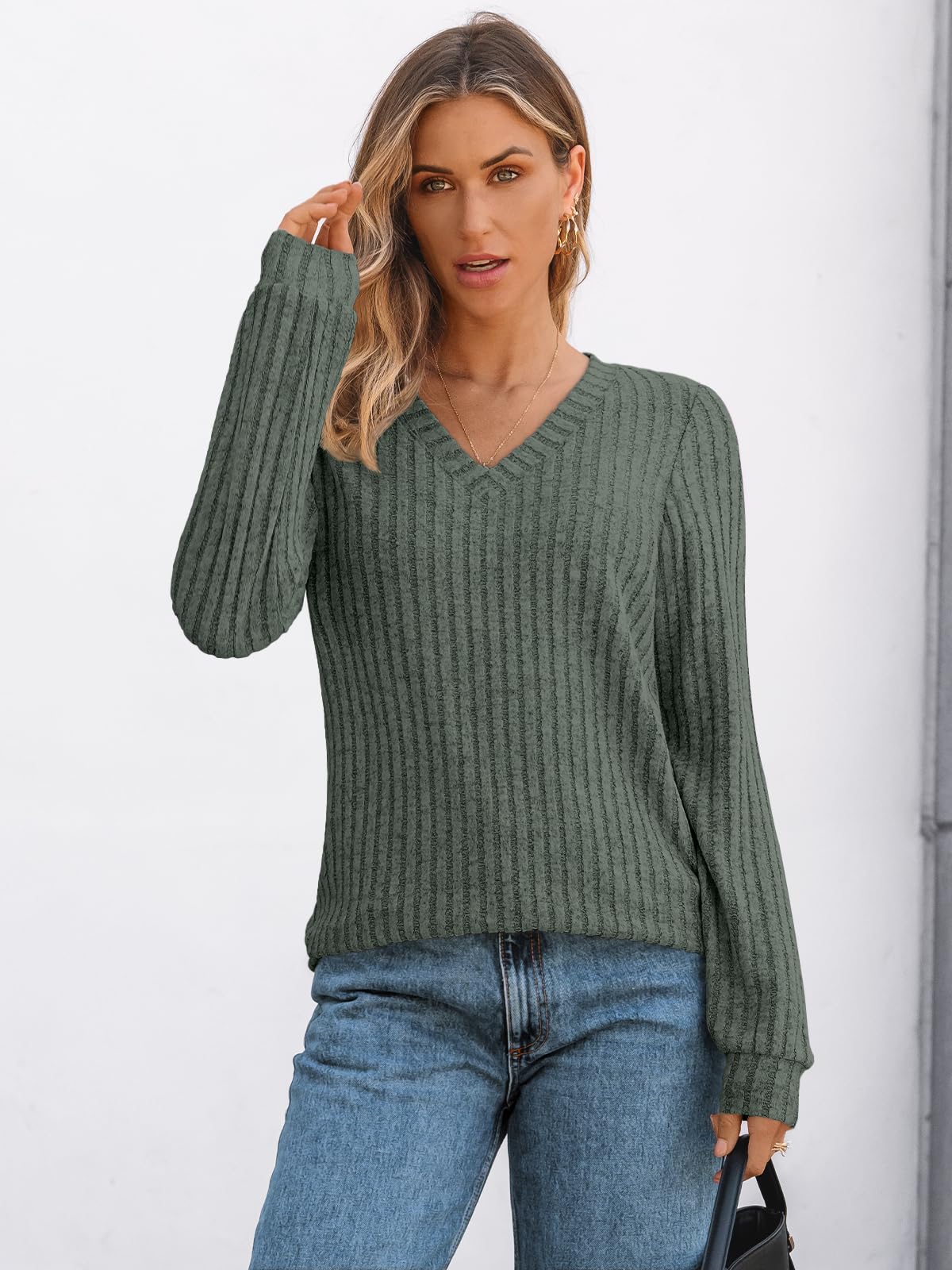 V Neck Long Sleeve Sweater for Women - Loose Fit Tunic Top for Fall & Winter