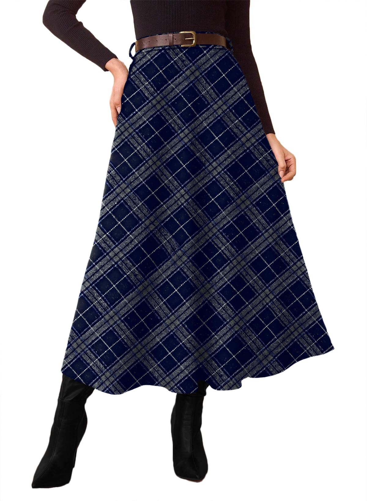 Women's Plaid Skirts - High Waist A-Line Midi Tartan Skirt with Pockets