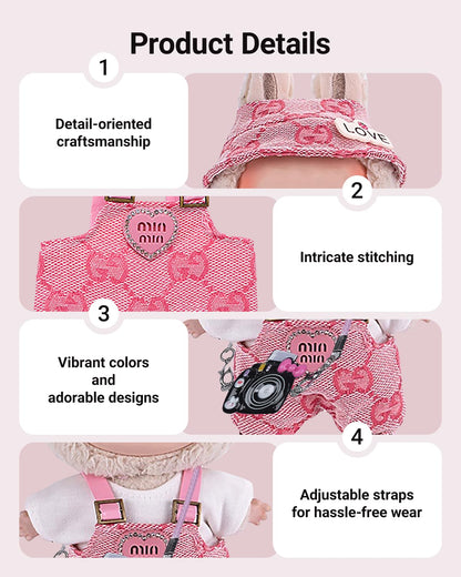 4 Piece Doll Clothes Set for 15cm-17cm Dolls - Outfit with Overalls Hat & Bag