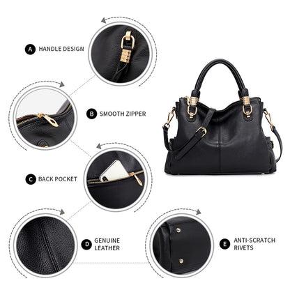 Women Genuine Leather Handbag - Soft Satchel Tote Shoulder Bag with Adjustable Strap