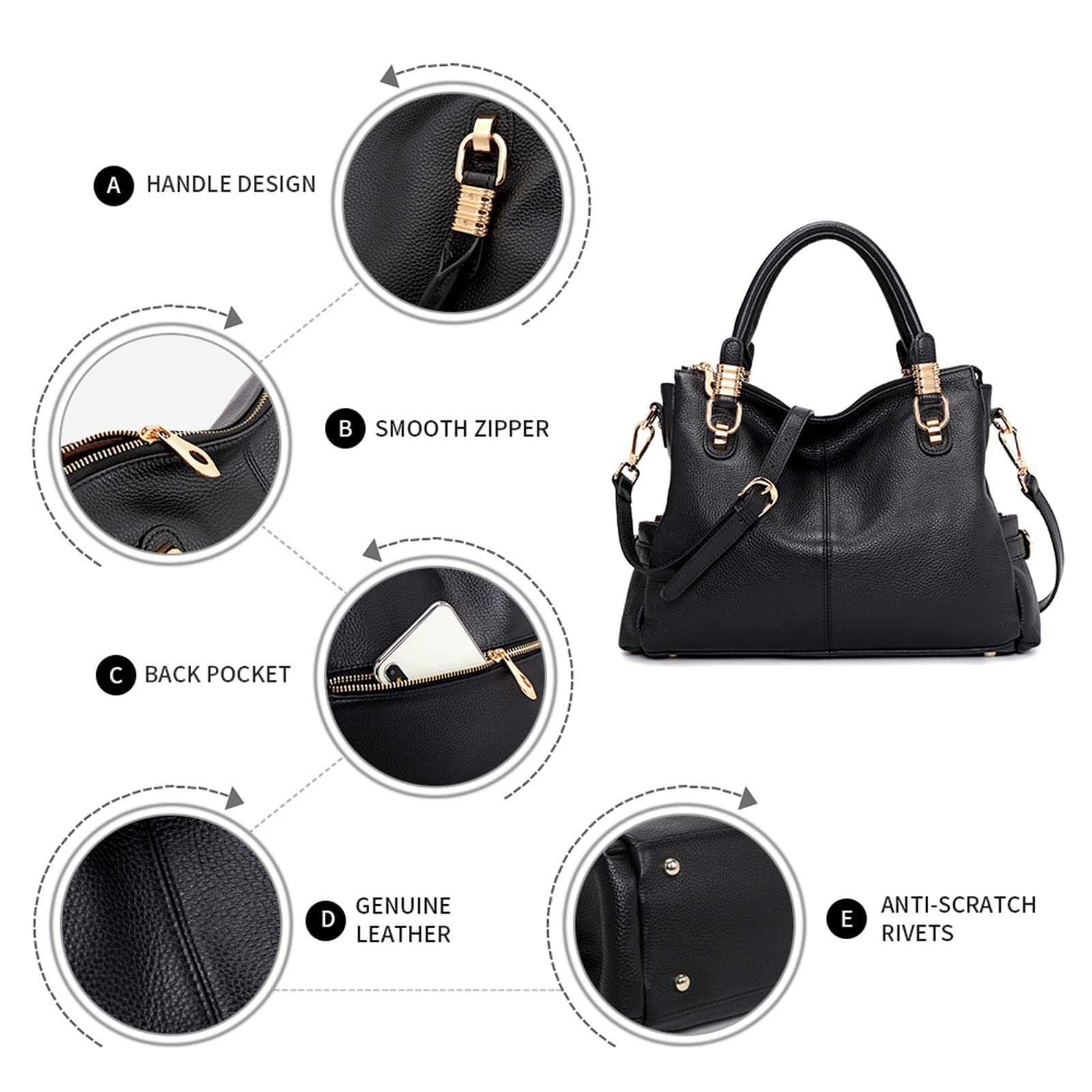 Women Genuine Leather Handbag - Soft Satchel Tote Shoulder Bag with Adjustable Strap