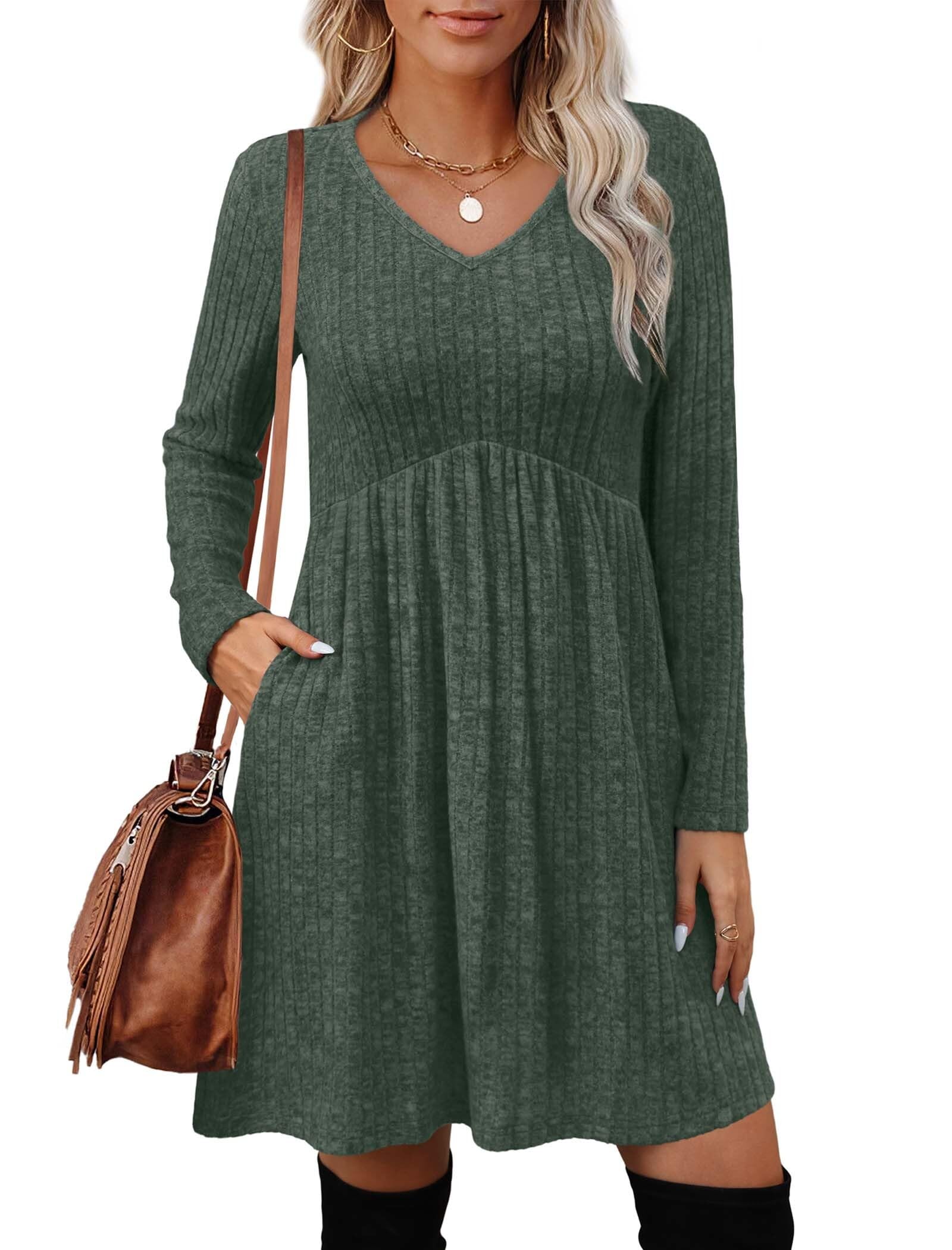 Women's Long Sleeve Sweater Dress - V Neck Empire Waist Babydoll Dress with Pockets