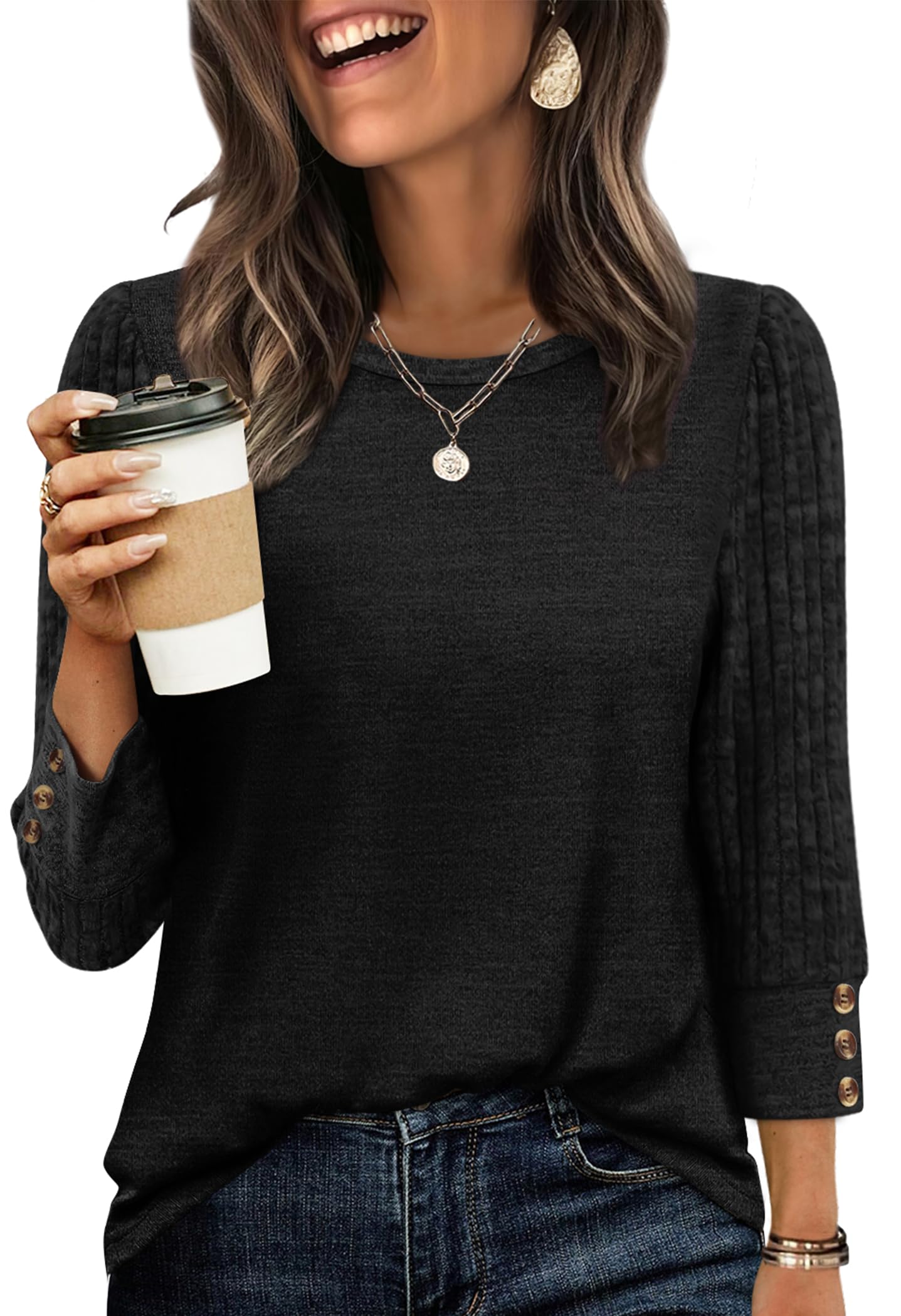 Women's Long Sleeve Shirts - Lightweight 3/4 Sleeve Sweaters with Buttons 03-black