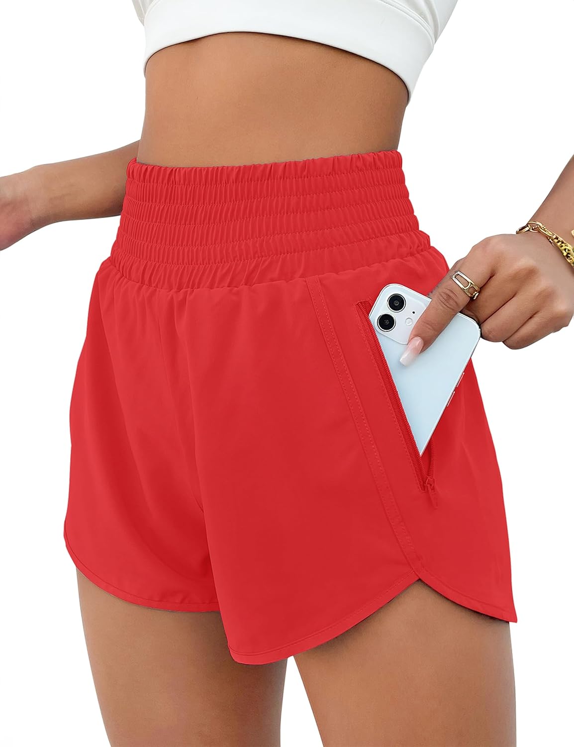 High Waisted Athletic Shorts Women Running Workout Shorts with Pockets Gym Sporty Orange Red