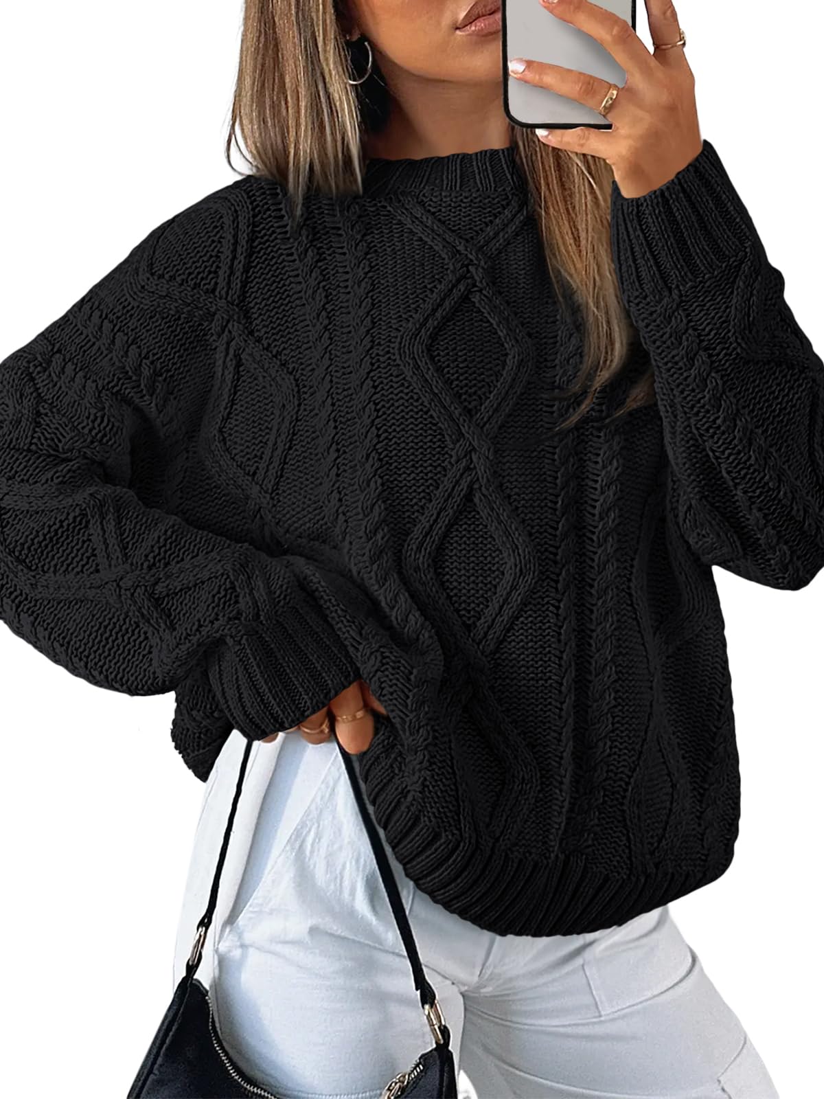 Women's Oversized Cable Knit Crewneck Sweaters - Cozy Fall Pullover Black