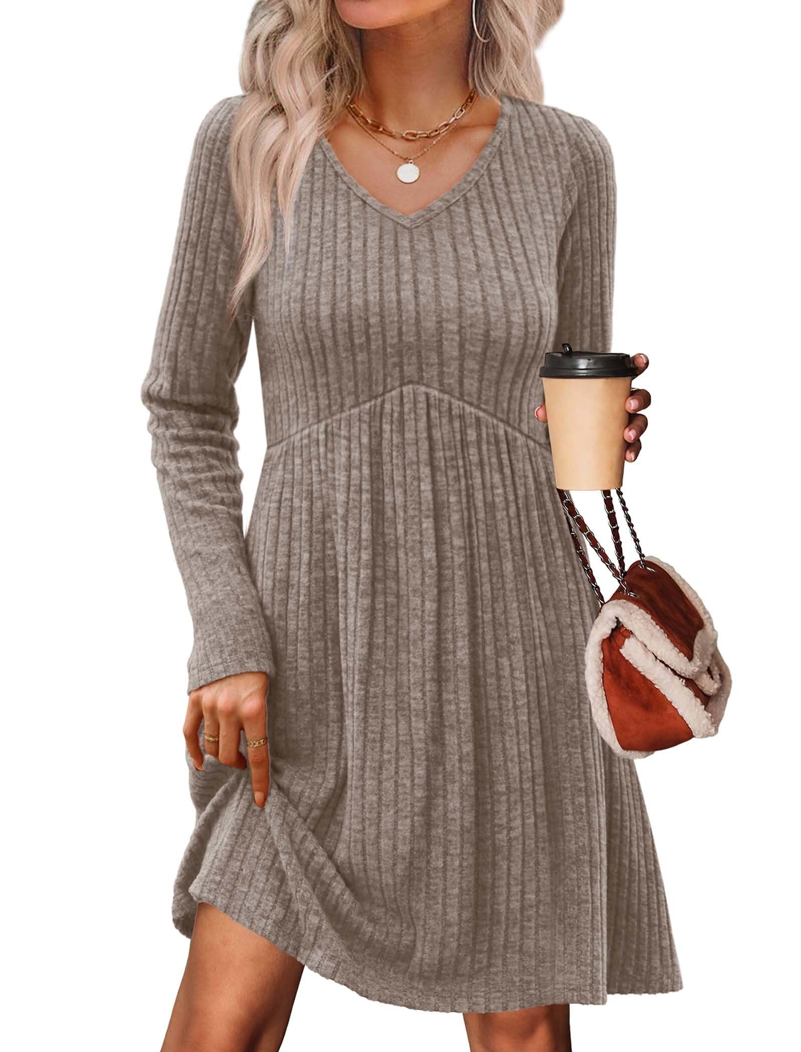 Women's Long Sleeve Sweater Dress - V Neck Empire Waist Babydoll Dress with Pockets