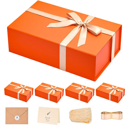 Gift Boxes with Lids 2 Pack - Magnetic Closure with Ribbon, Card, Filler & Sticker 1 Count (Pack of 5) Orange