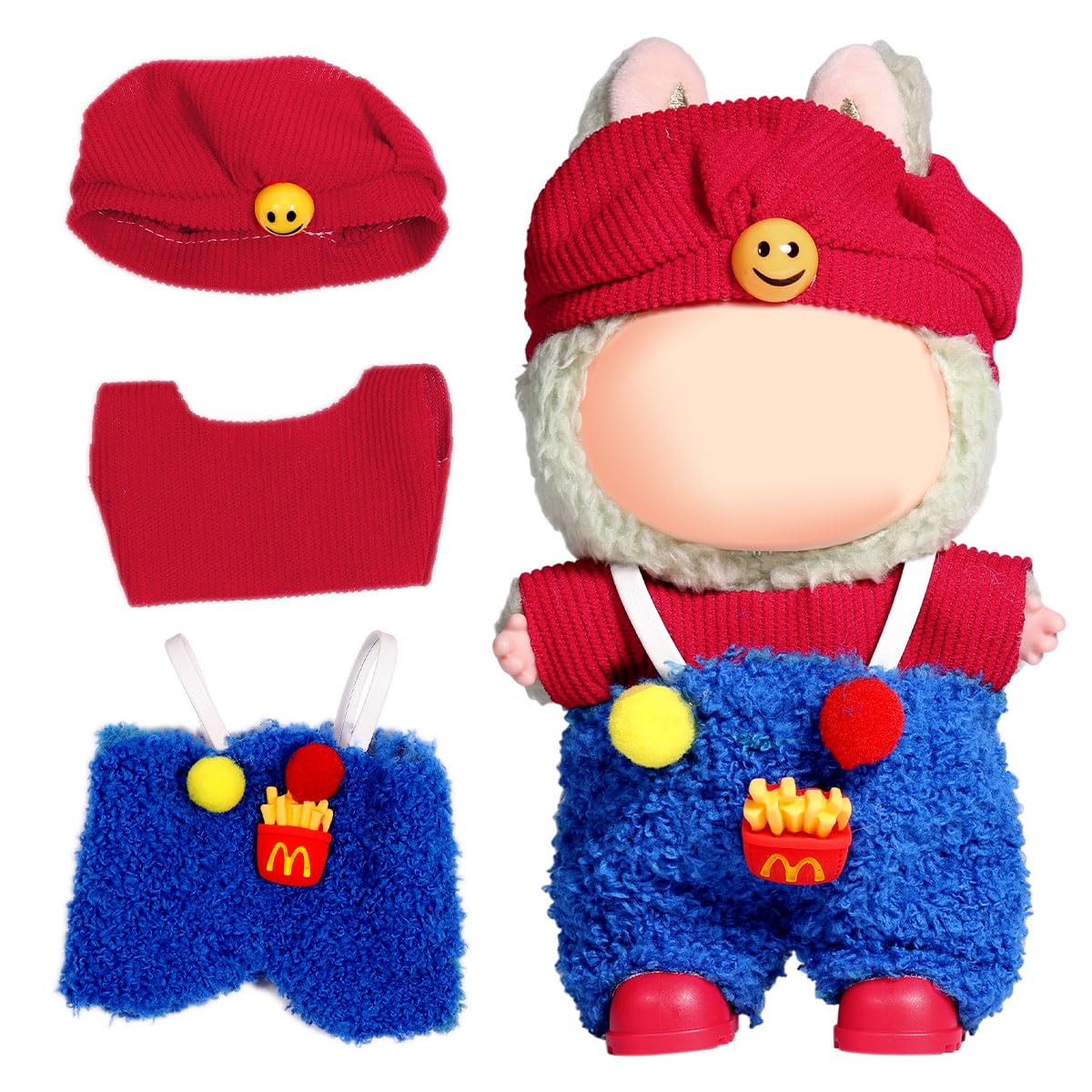 3 Piece Doll Clothes Set for 17cm Dolls - Handmade Crochet Outfit with Hat Red and blue M (hat+T-shirt+bib pants)