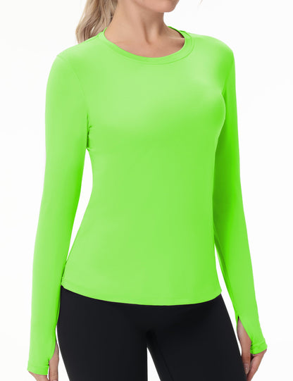 Women's UPF 50+ Sun Protection Long Sleeve Shirt - Athletic Rash Guard with Thumb Holes Thumb Hole: Bright Green