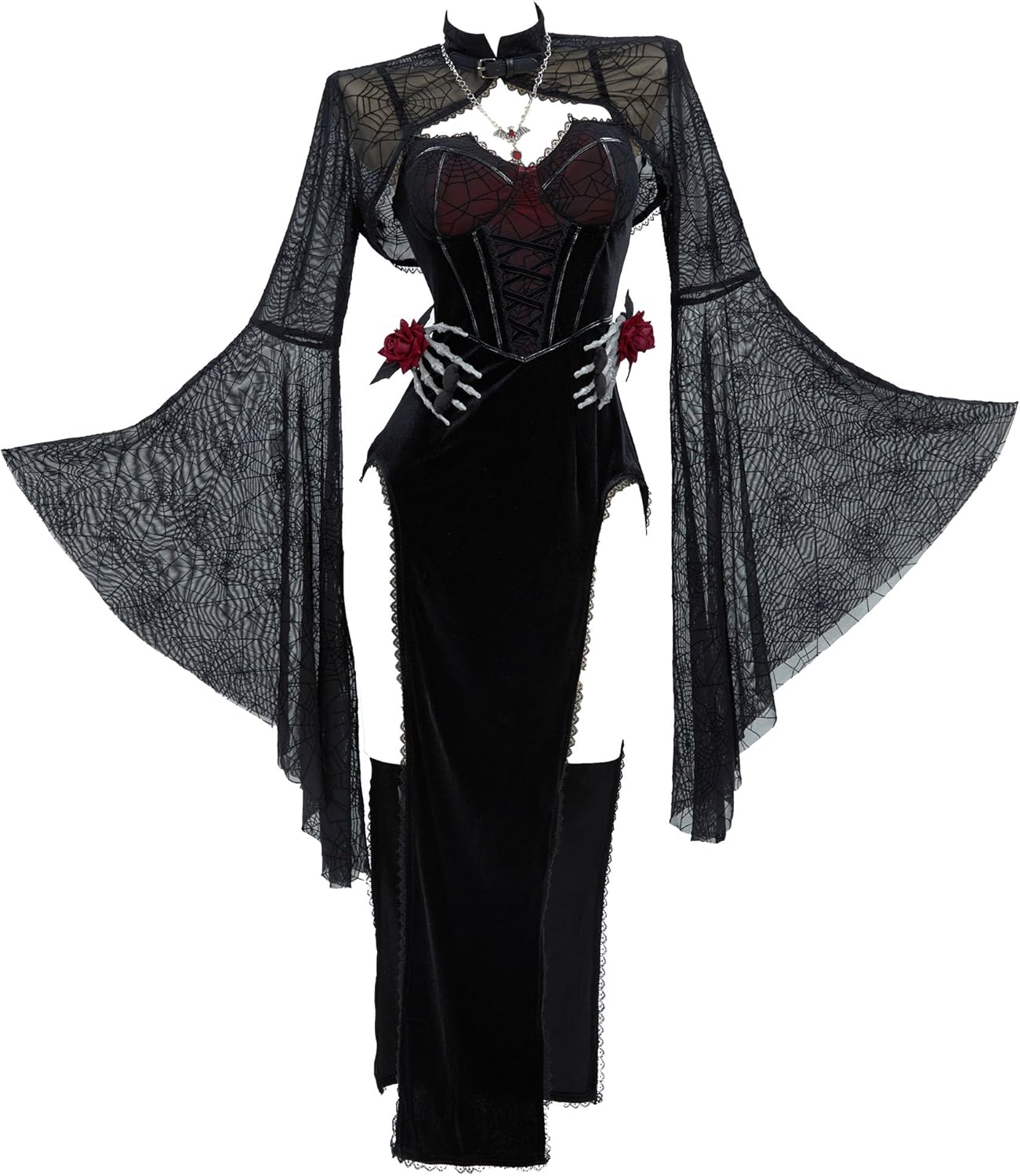 Gothic Vampire Costume - Women's Bodycon Dress with Spiderweb Cloak and Accessories Black