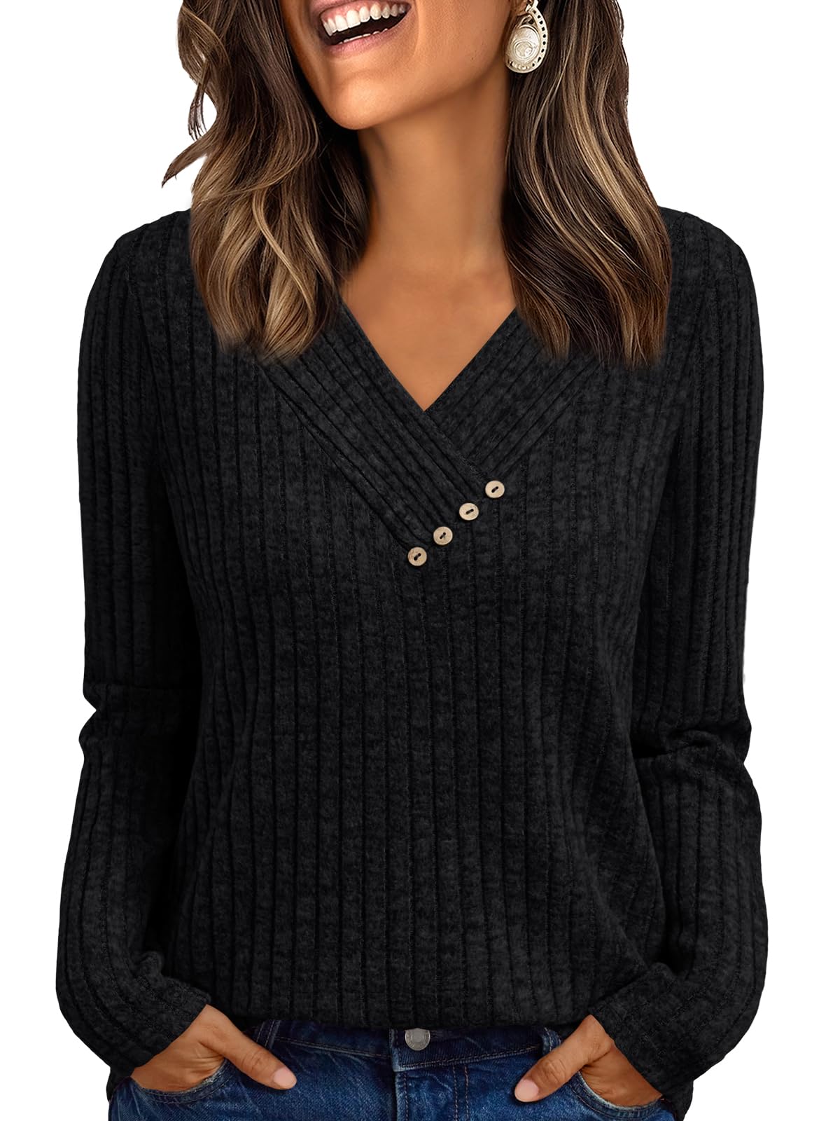 Women's Long Sleeve V Neck Tunic Tops - Dressy Casual Work Blouse Sweater Black