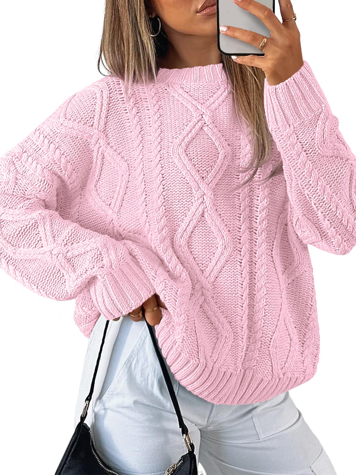 Women's Oversized Cable Knit Crewneck Sweaters - Cozy Fall Pullover