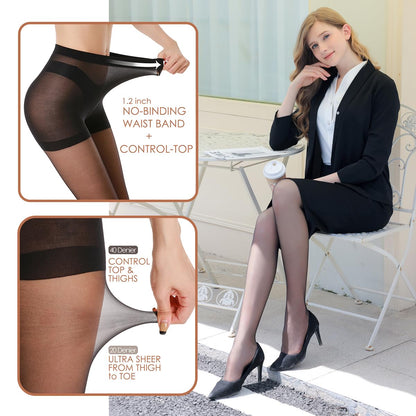 Women's 20D Sheer Control Top Pantyhose - 3 Pack Ultra Thin Tights with Reinforced Toes