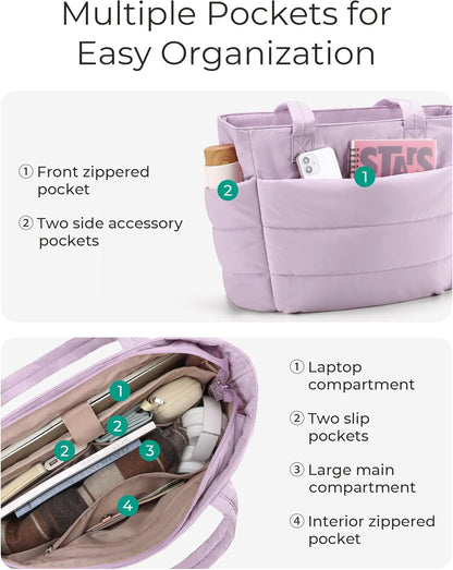 Women's Quilted Tote Bag Lightweight Puffy Shoulder Bag with Compartments