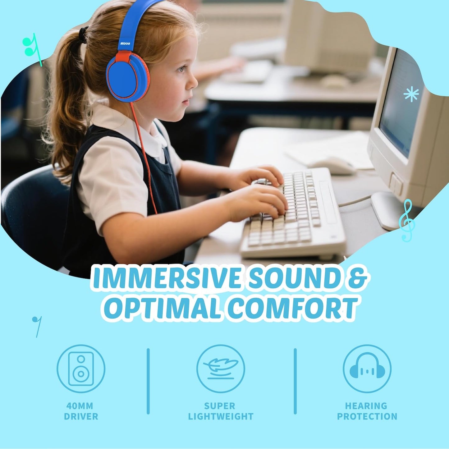 Kids Headphones Volume Limited 85/94dB - Wired Over-Ear Foldable Headset with Microphone Pink