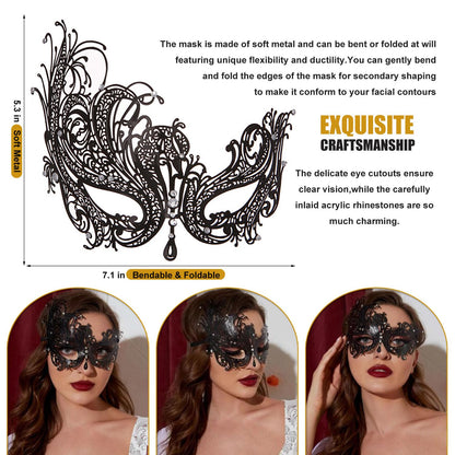 Rhinestone Metal Masquerade Mask for Women - Venetian Party Mask - Elegant Prom Ball Costume Accessory