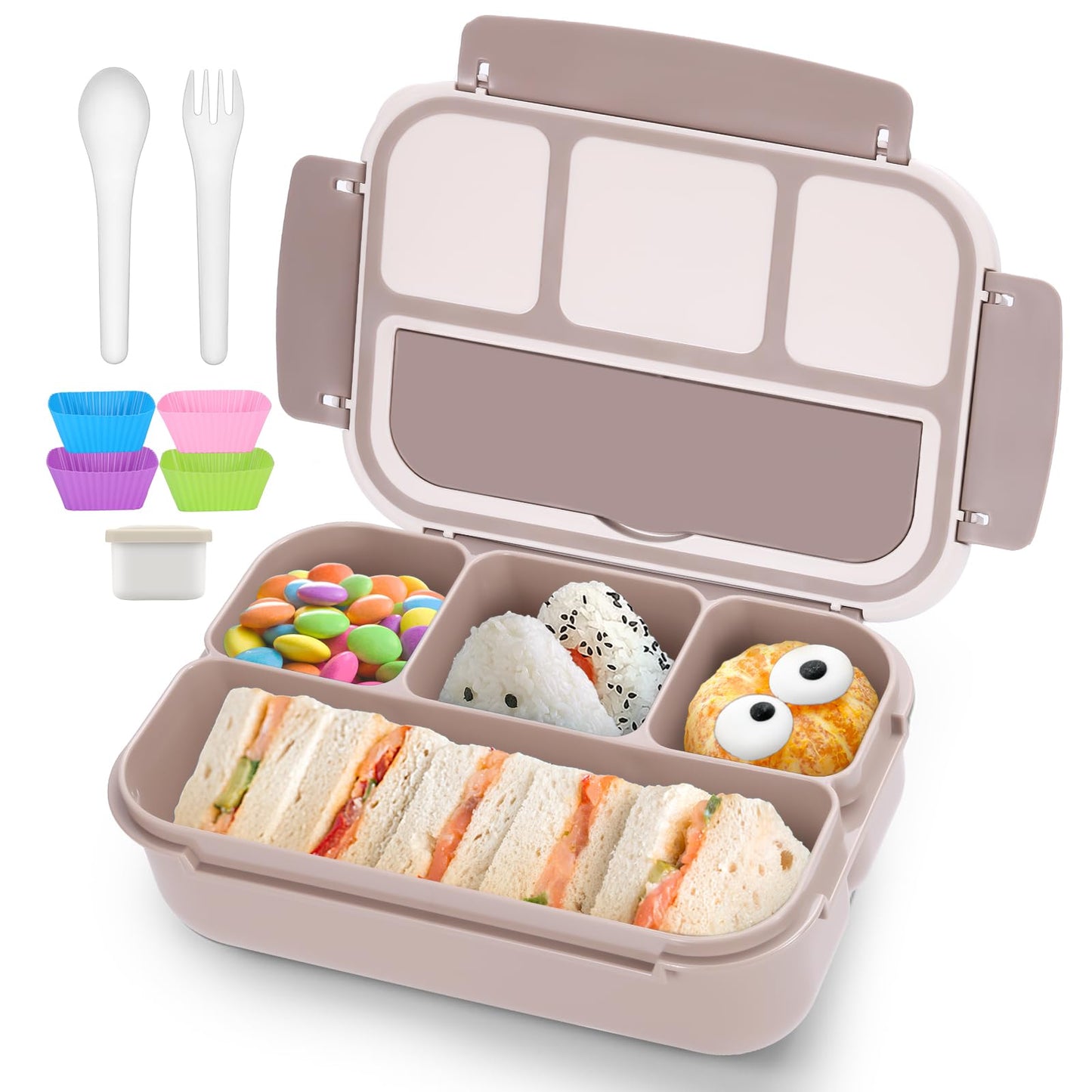 Bento Lunch Box for Kids - 4 Compartment Leak-Proof School Lunch Container with Utensils Purple Brown