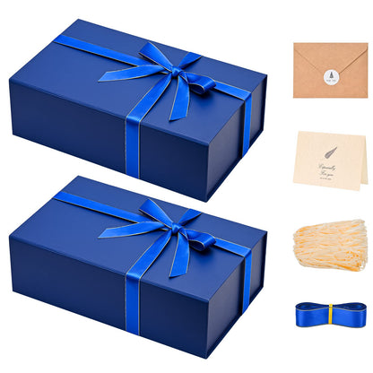 Gift Boxes with Lids 2 Pack - Magnetic Closure with Ribbon, Card, Filler & Sticker 1 Count (Pack of 2) Navy Blue