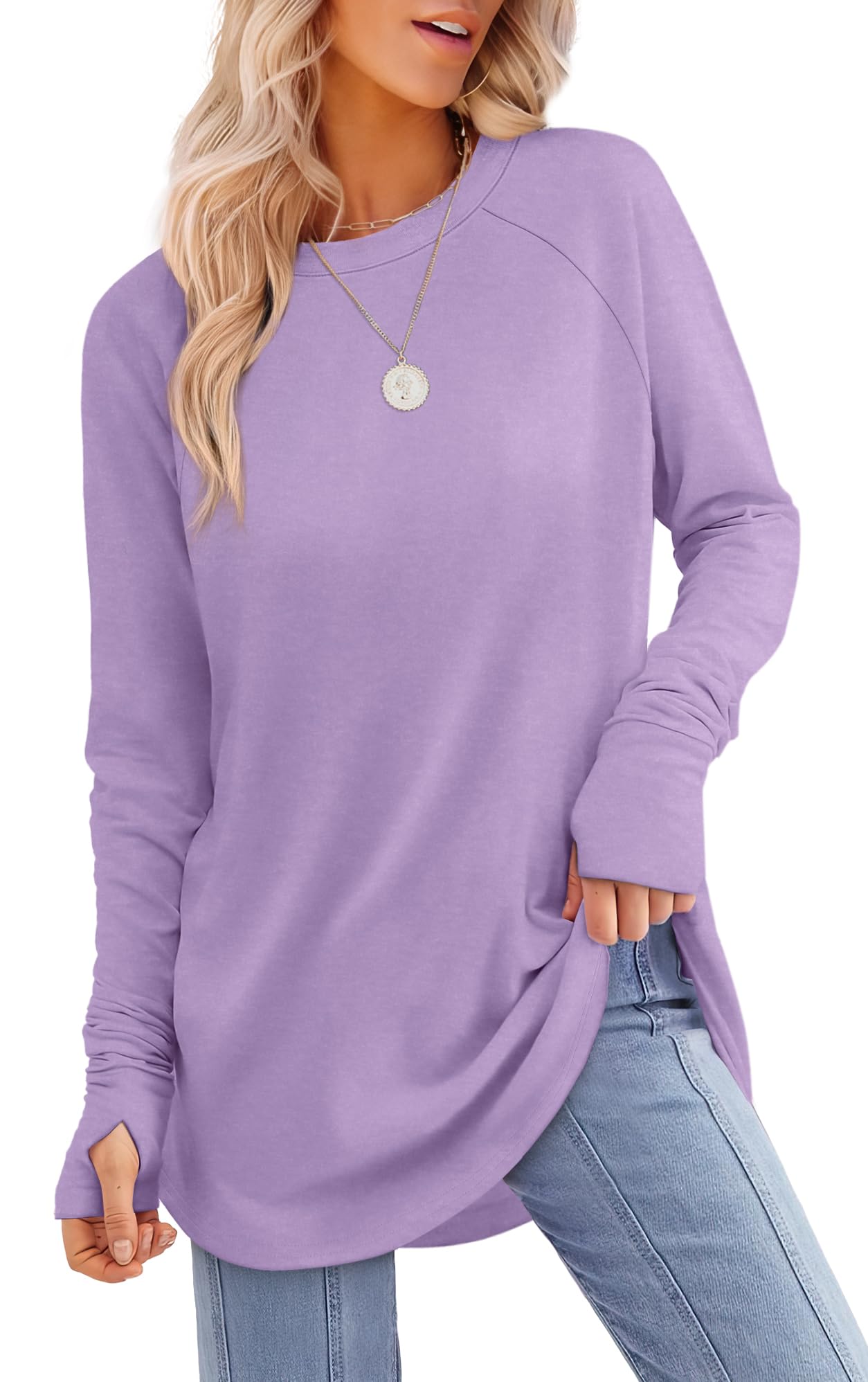 Tunic Top with Thumb Holes for Women - Long Sleeve Shirt with Curved Hem Q-purple