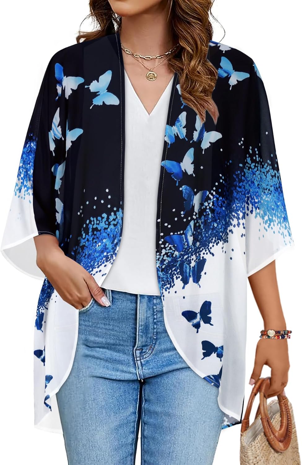 Floral Print Kimono Cardigan Women Puff Sleeve Cover Up Casual Blouse Loose Top