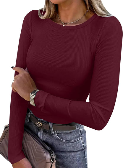 Women's Long Sleeve Rib Knit Shirt Slim Fit Crew Neck Basic Tee