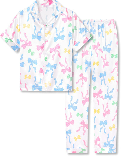 Girls Satin Pajama Set - Silky Button Down PJ with Shorts Size 6-16 White & Colourful Bows (Short Sleeve & Pants)