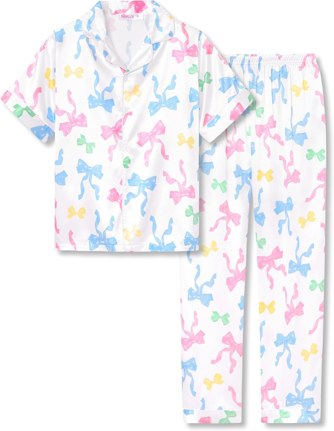 Girls Satin Pajama Set - Silky Button Down PJ with Shorts Size 6-16 White & Colourful Bows (Short Sleeve & Pants)