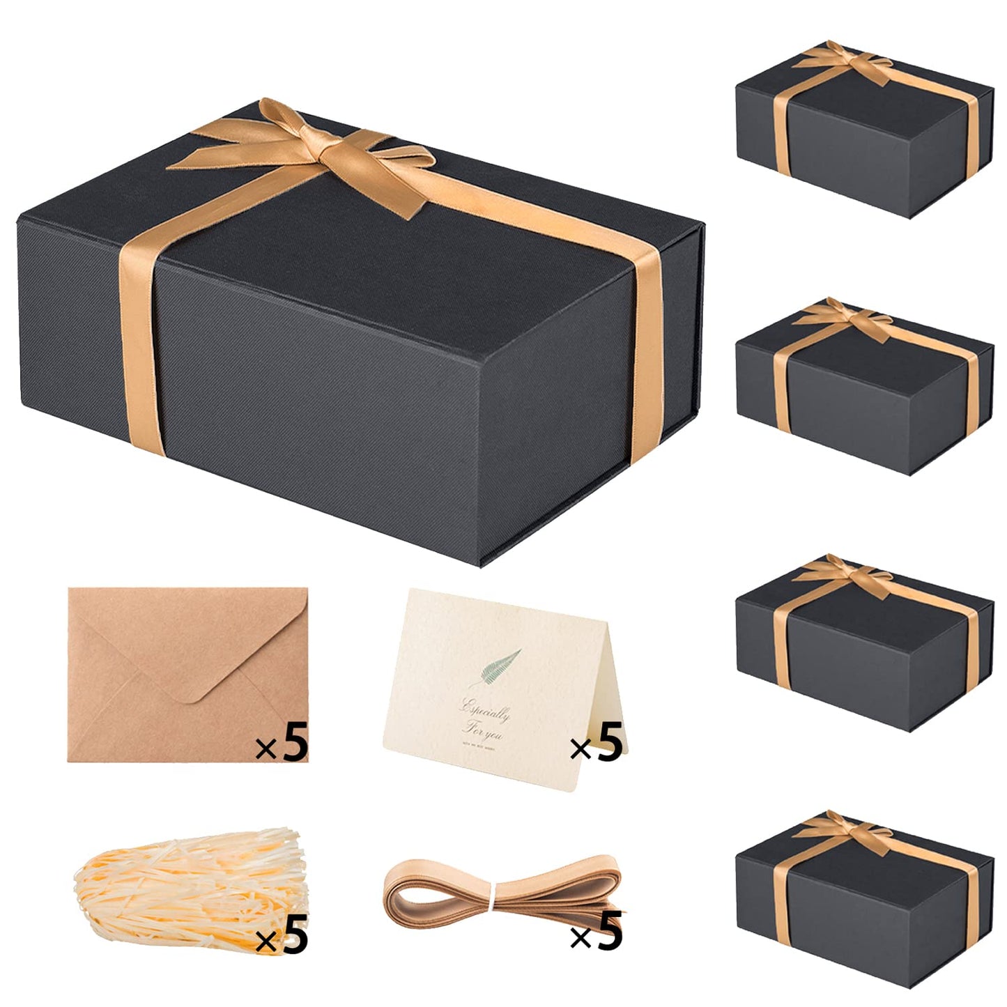 Gift Boxes with Lids 2 Pack - Magnetic Closure with Ribbon, Card, Filler & Sticker 1 Count (Pack of 5) Black