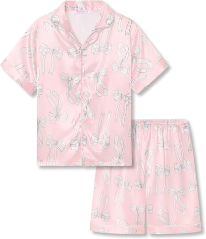 Girls Satin Pajama Set - Silky Button Down PJ with Shorts Size 6-16 Pink & White Bows (Short Sleeve & Shorts)
