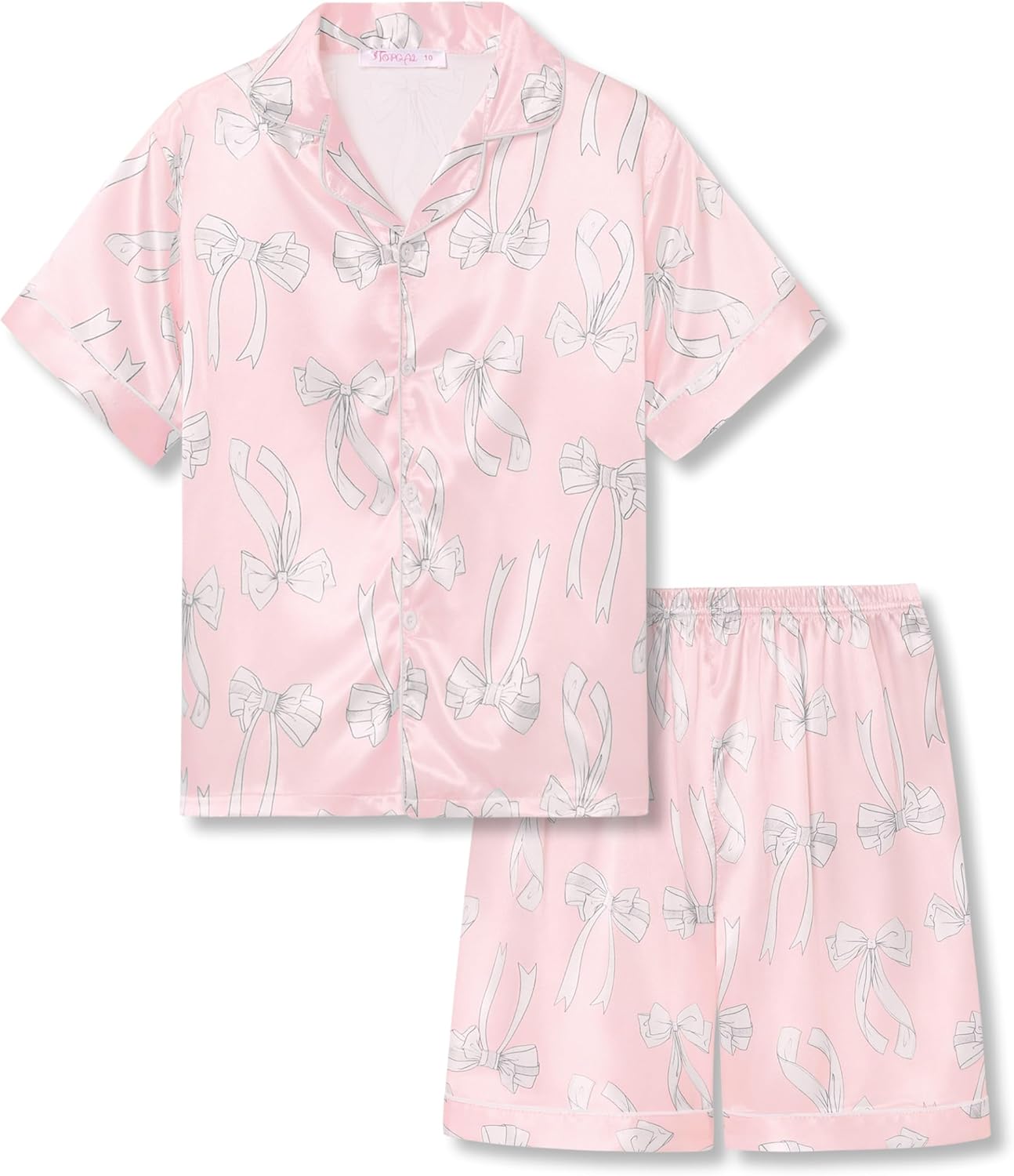 Girls Satin Pajama Set - Silky Button Down PJ with Shorts Size 6-16 Pink & White Bows (Short Sleeve & Shorts)