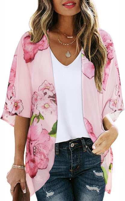 Floral Print Kimono Cardigan Women Puff Sleeve Cover Up Casual Blouse Loose Top Small Pink Flower