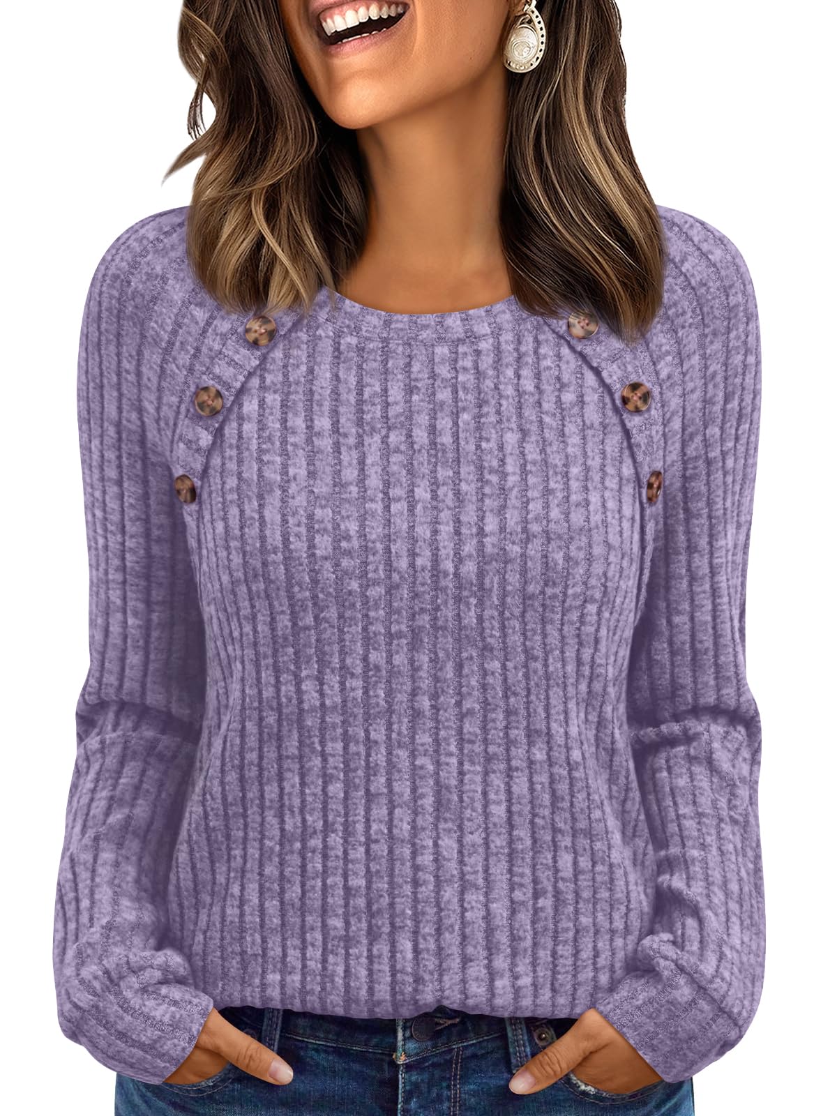 Women's Long Sleeve Tops - Fall Lightweight Sweaters with Shoulder Buttons Purple