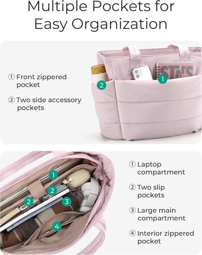 Women's Quilted Tote Bag Lightweight Puffy Shoulder Bag with Compartments