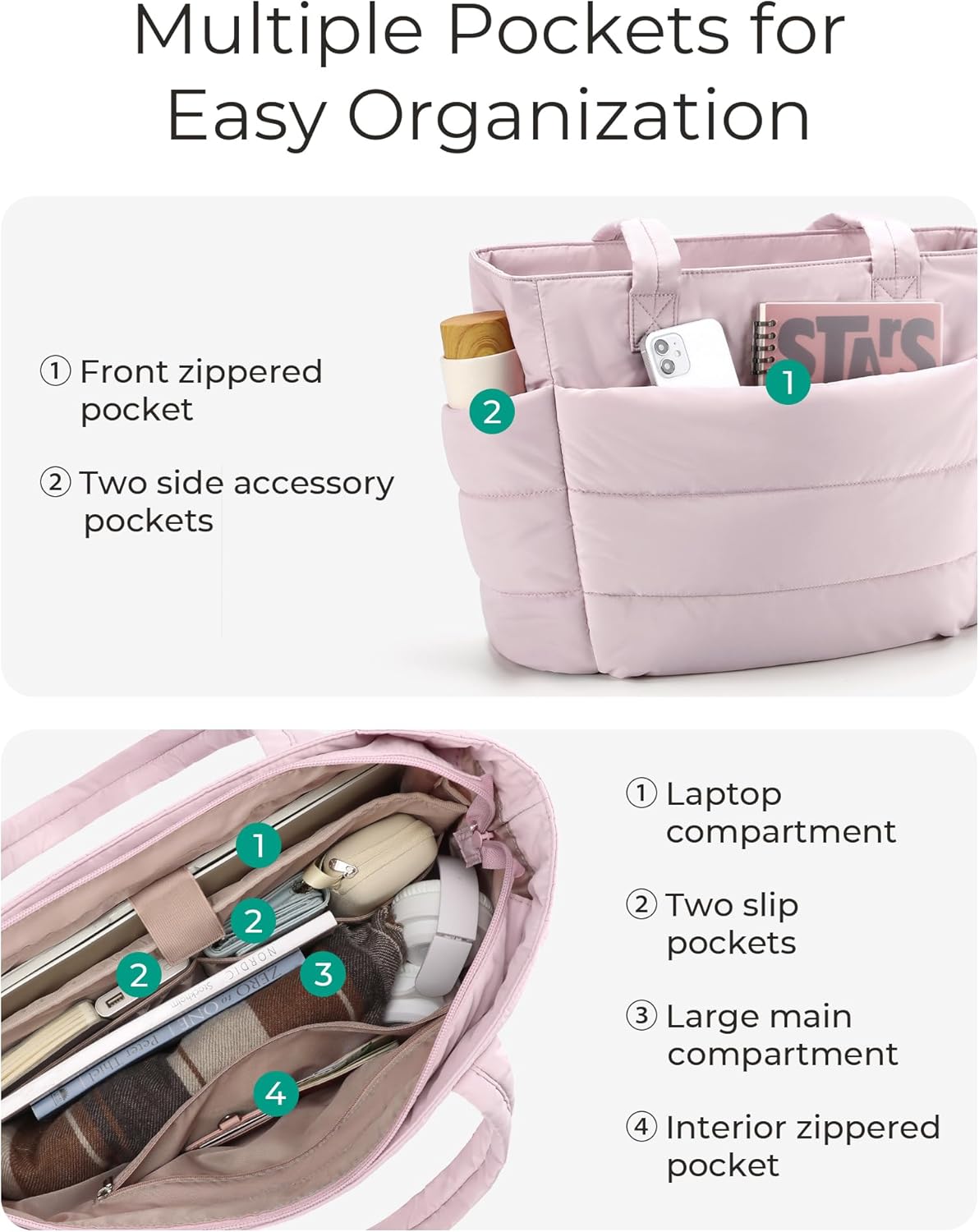 Women's Quilted Tote Bag Lightweight Puffy Shoulder Bag with Compartments