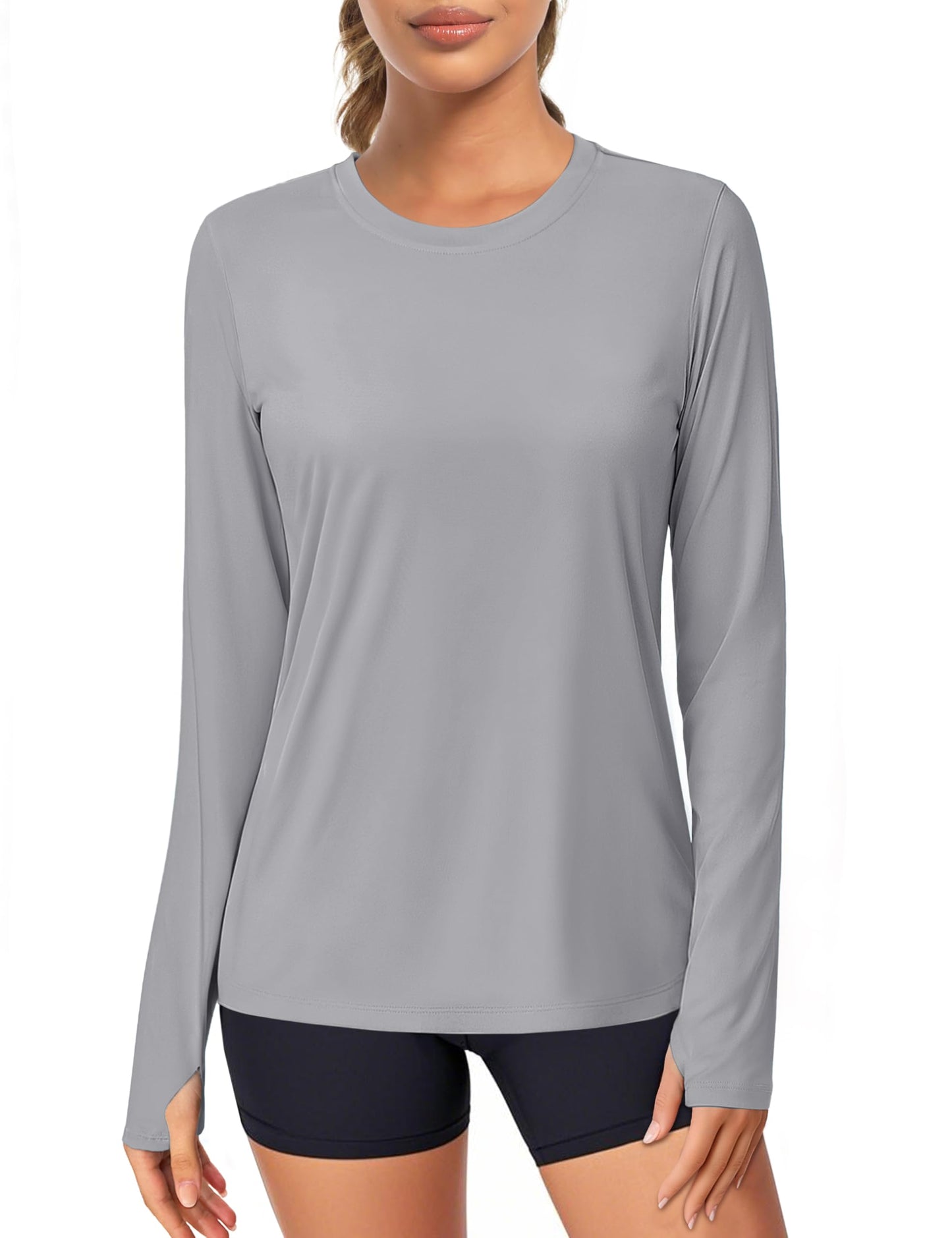 Women's UPF 80+ Long Sleeve Rash Guard - Quick Dry Athletic Shirt with Thumb Holes Light Grey